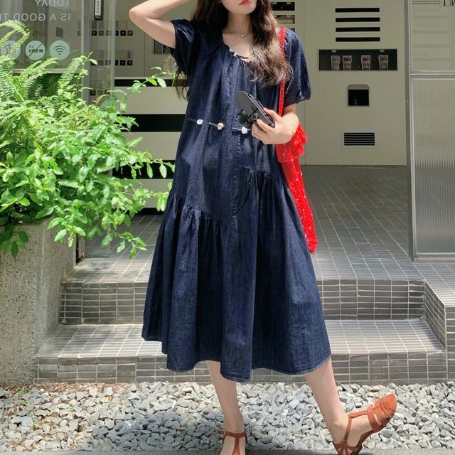 デニム素材 飾りボタン ティアードロングワンピース_H304