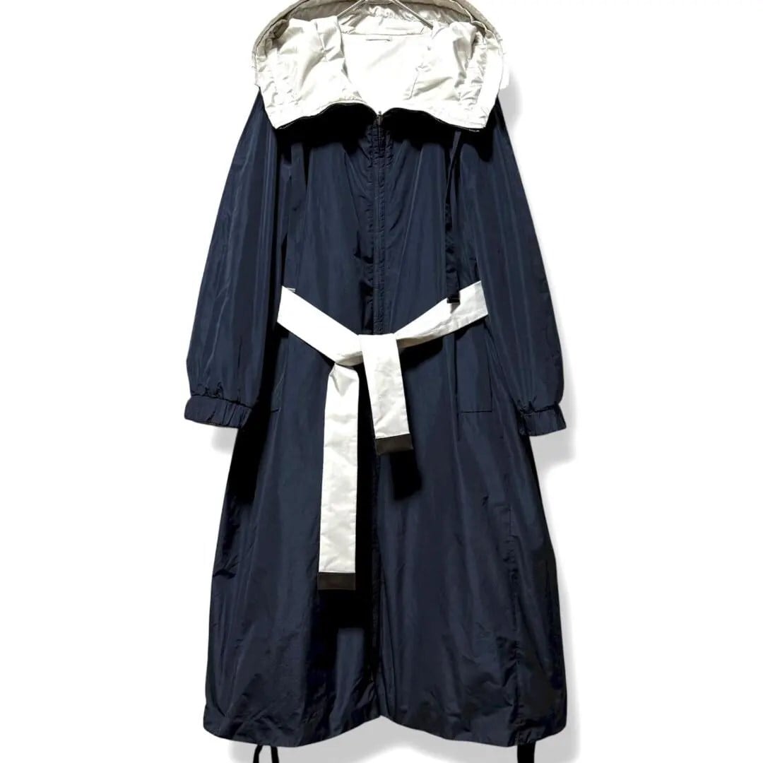 エスマックスマーラ　ナイロンコート　ビジュー　ネイビー　フード付き　44 MaxMara リバーシブル ビジュー装飾付き フードロングコートオーバー