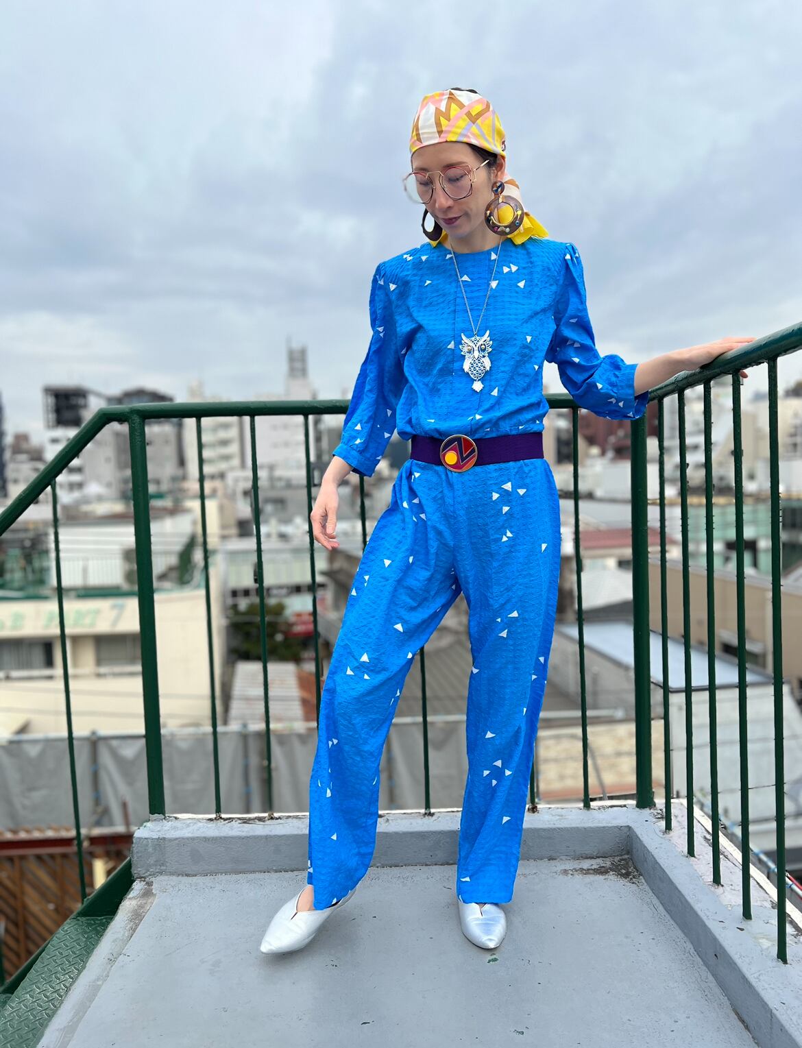 80s blue × white triangle poly jumpsuits ( ヴィンテージ ブルー