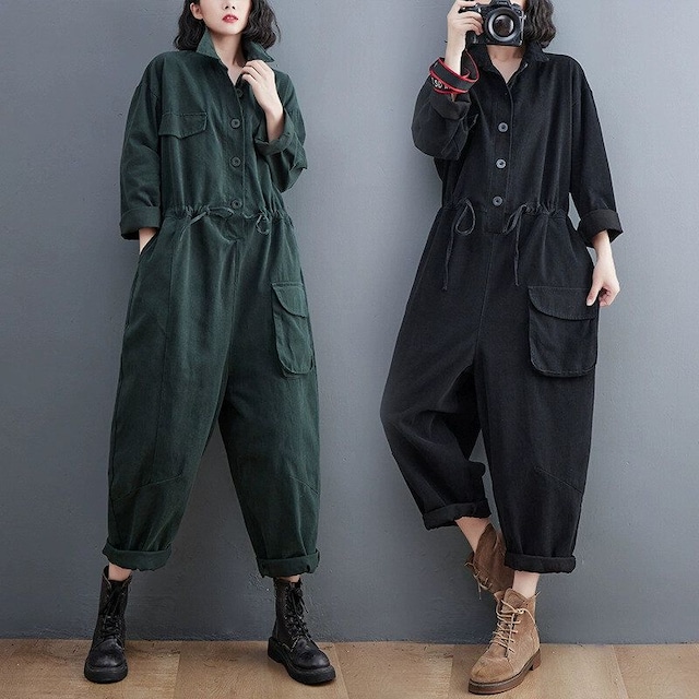 SOLID LONG SLEEVES SHIRT STYLE JUMPSUIT 3colors M-14279