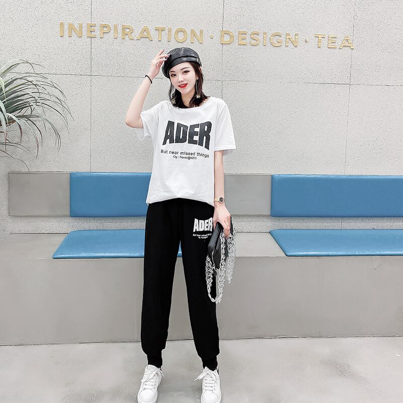 スプリングシャツ レディースホワイトTシャツ ラウンドネックショートトップス カジュアルパンツ 大きめサイズ 春物 Oネック ミックスインファッション9370047556