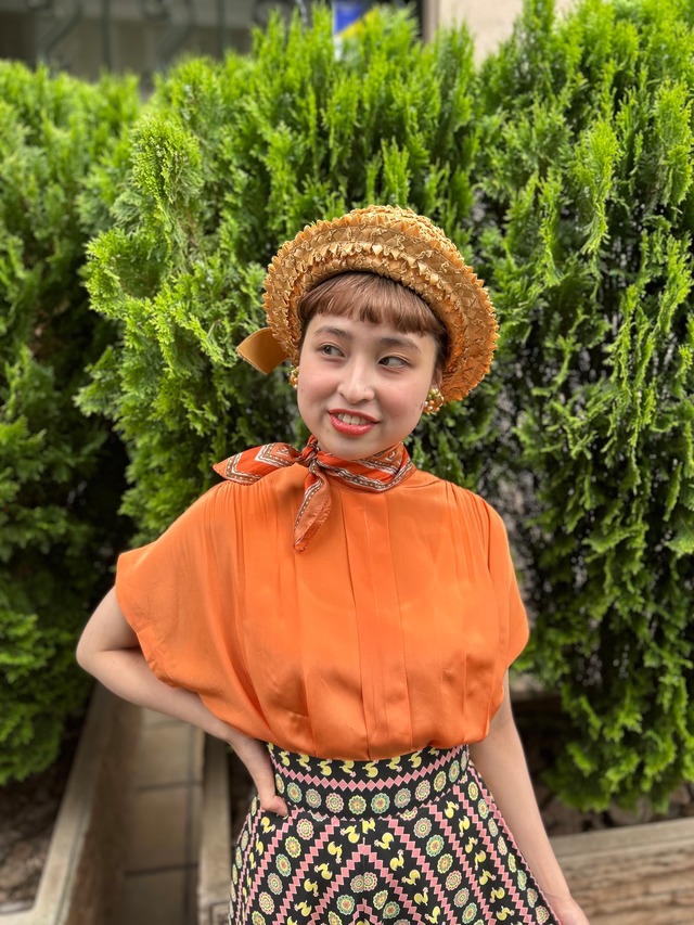 40's orange color rayon blouse