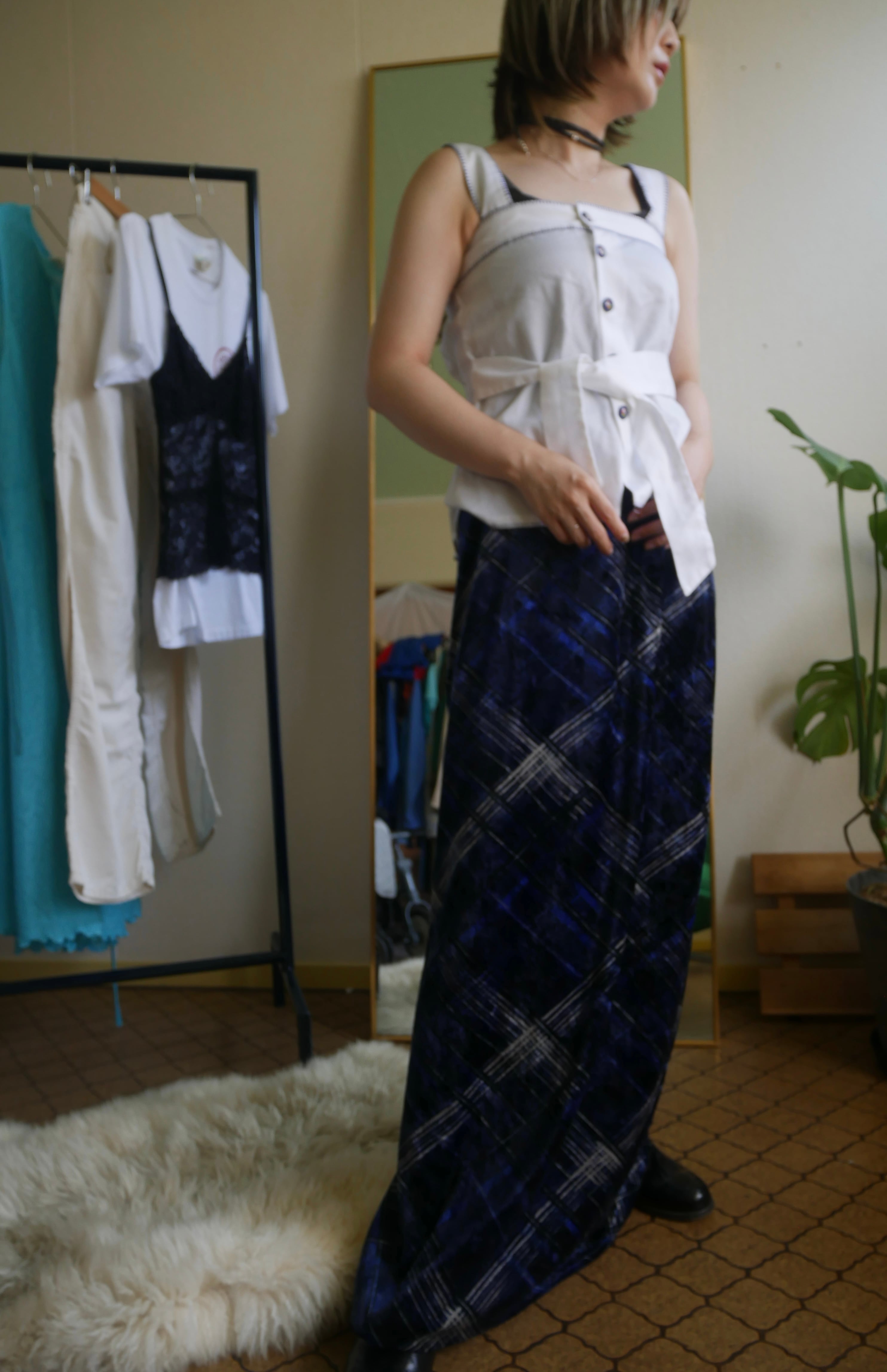 90s-00s VINTAGE Check Velour Maxi Skirt