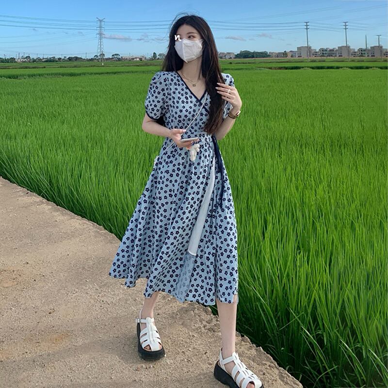 フローラル刺繍Vネックスカート ワンピーススタンダードドレス サマー レトロ 夏物 花柄 萌量不足21268760836