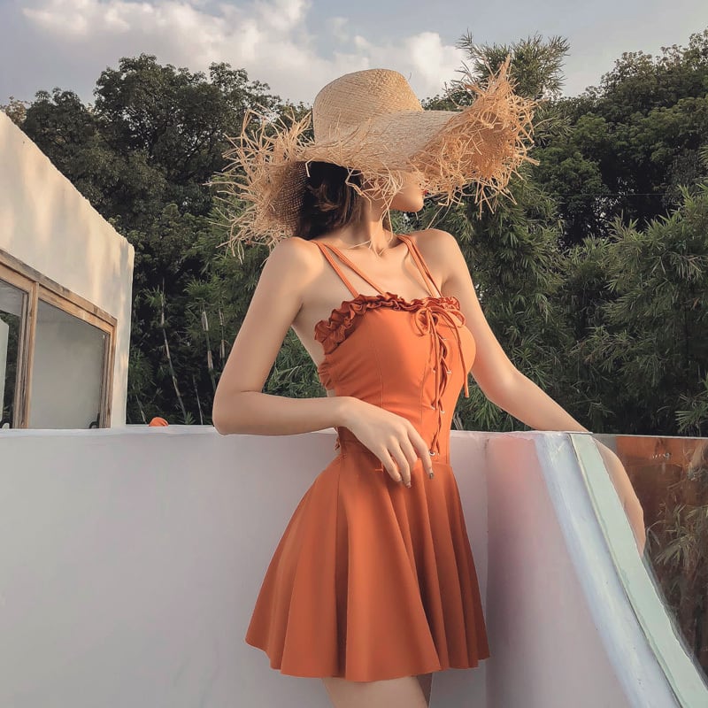 ワンピース 水着 スイムウェア 体系カバー水着 紐 リボン ウエスト