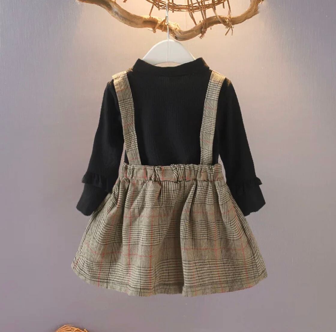 フリルチェックワンピース》》》》》》》》》》》》フリル袖 ジャンパースカート ワンピース チェック リボン 海外子供服 セットアップ風 韓国