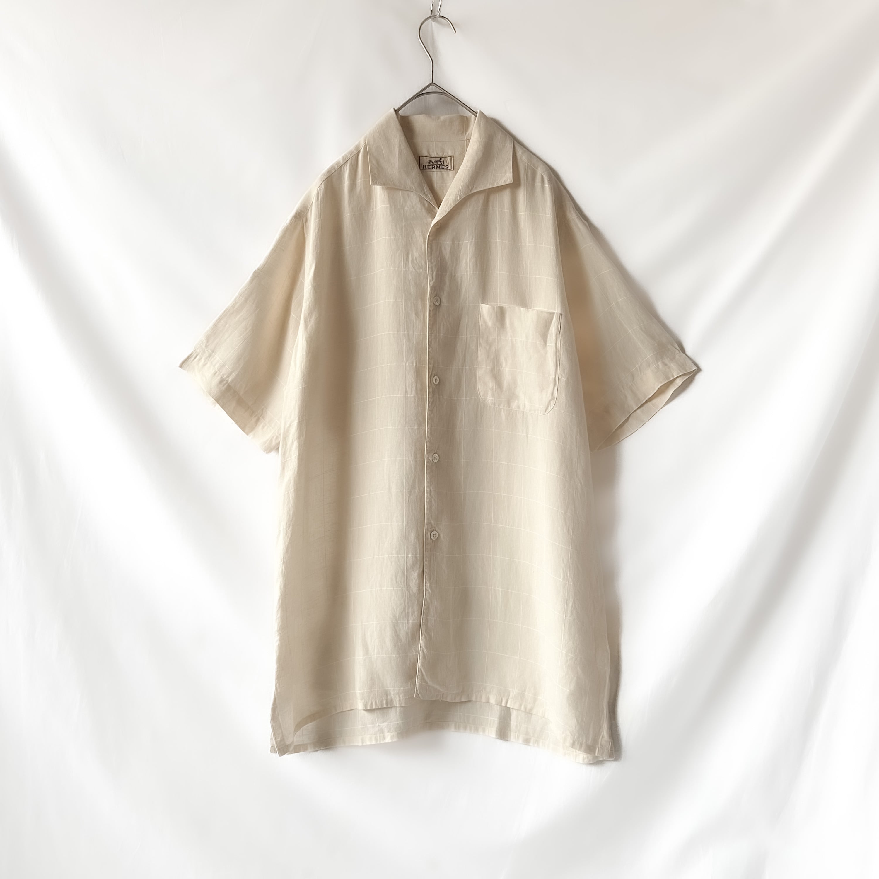 90s “Hermes” linen open collar shirt 90年代 エルメス リネン