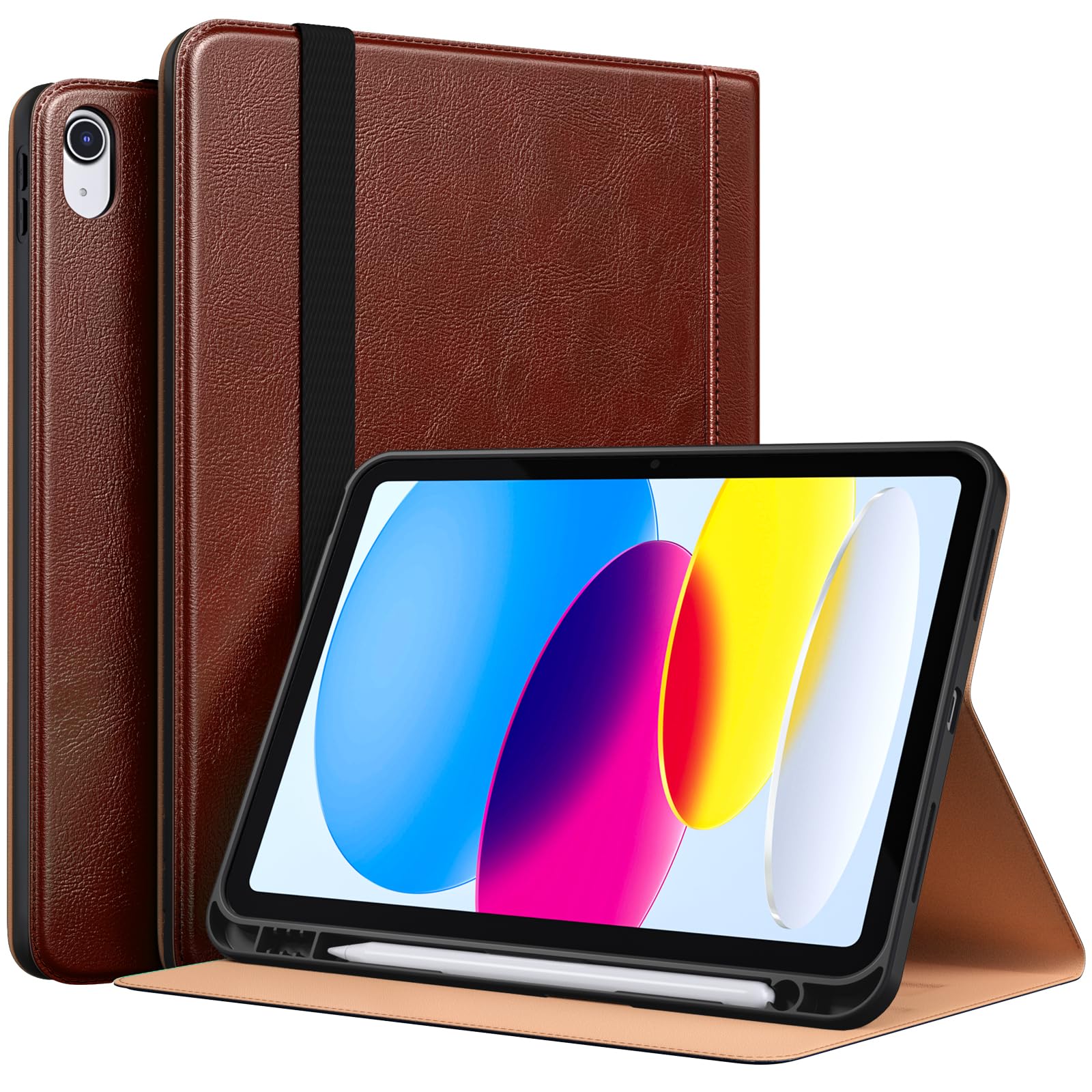 Maledan 対応iPad 10世代 ケース 二段階角度調節 ペンシル収納機能 PUレザー テレワーク用 オートスリープ/ウェイク機能 耐衝撃 手帳型