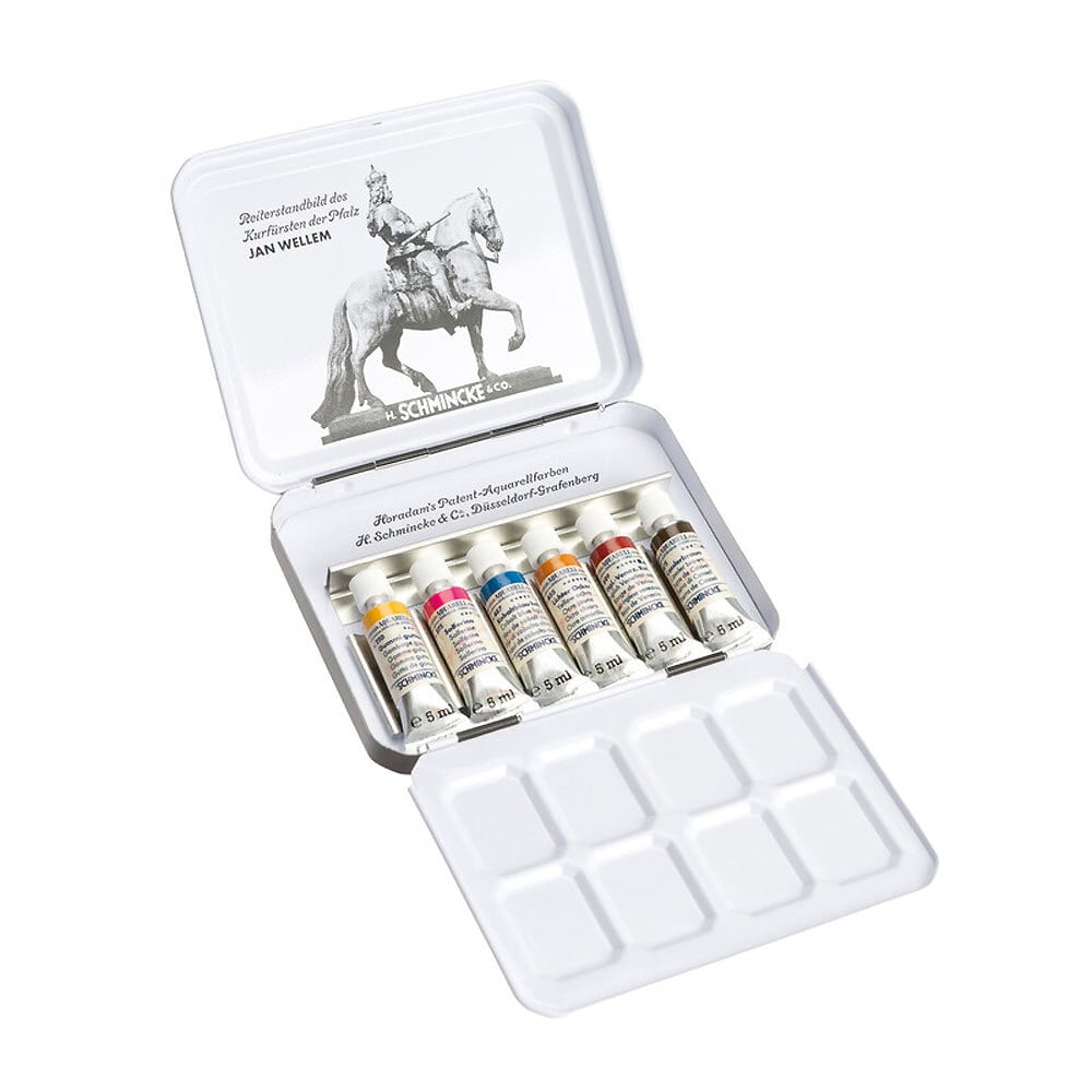 期間限定出品　未使用　シュミンケ金属缶+透明水彩14色+栄華堂削用筆　中 シュミンケ】シュミンケ ホラダム水彩絵具 ハーフパン セットの通販