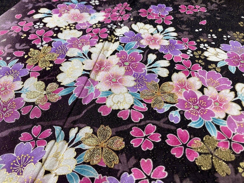 京友禅 3点セット 金通し 金駒刺繍 振袖 袋帯 襦袢 花柄 正絹 黒 白