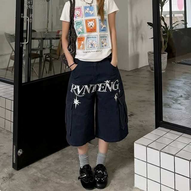 ロゴデザインクロップドバギーカーゴパンツ 2col R02460