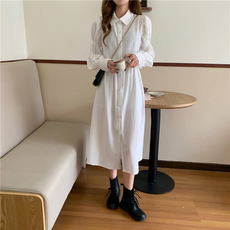 バブルスリーブ シャツワンピース 長袖 ミモレ丈 袖コンシャス 無地 シンプル ガーリー かわいい 秋 新作 A0590 Macaron