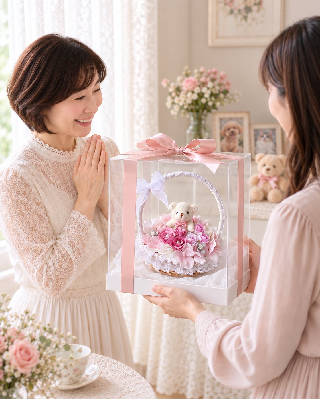 フラワーアレンジ｜うちの子と楽しむミニベアの花かご【AR-013】｜パステルフラワーアレンジ｜大人可愛いインテリア｜アーティフィシャルフラワー｜ギフト｜ミニベア｜横15㎝ 高さ約18cm