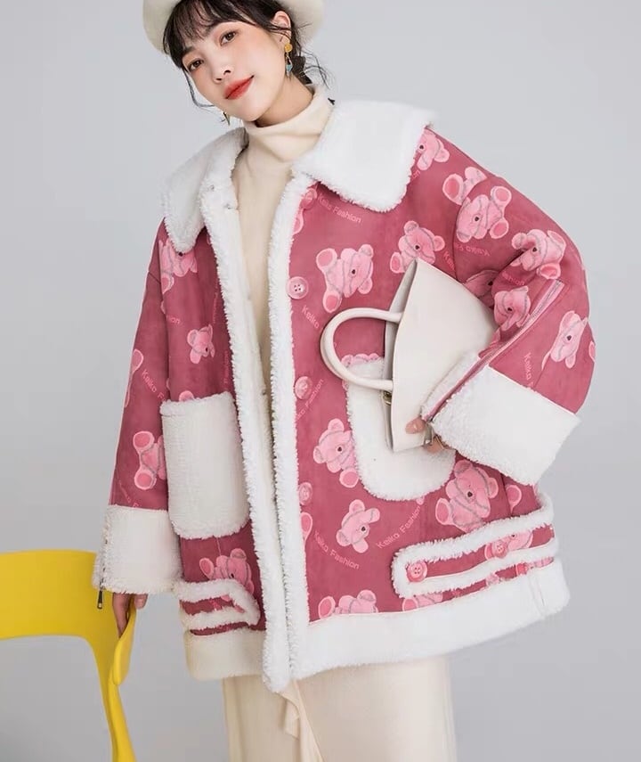 くまさん柄 ピンク アウター ジャケット コート ファー | LOVEYsmileSHOP