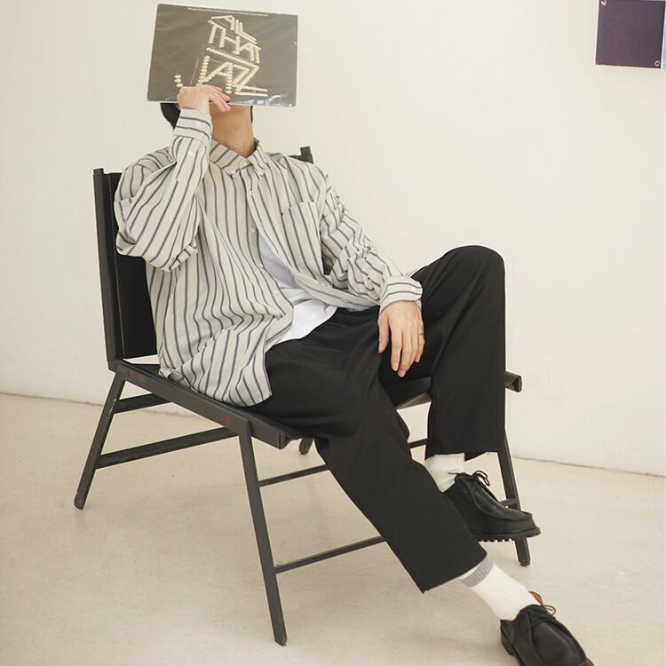 ★COLLEGE STYLE LOOSE STRIPED DRAPED SHIRT　　　19169