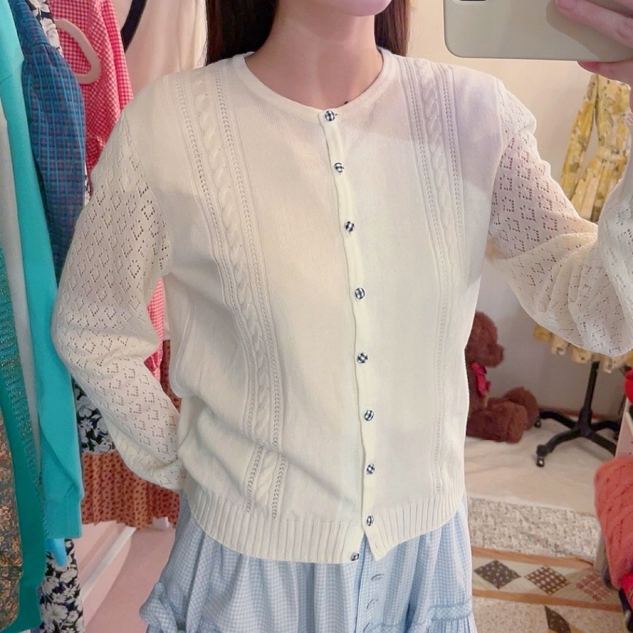 blue gingham check button cardigan