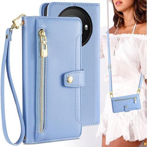 AQUOS R8 Pro SH-51D / LEICA LEITZ PHONE 3 ケース 手帳型 ショルダー 適用 SH 51D 手帳ケース ストラップ 長+短 2本 斜め掛け スマホケース アクオス アール8 プロ ストラップケース ポシェット 肩がけ BonwFzin ストラップホール付き カード収納 バッグ マグネット 首掛け ファスナー 耐衝撃 カード入れ 浅い藍 ライトブルー 1963