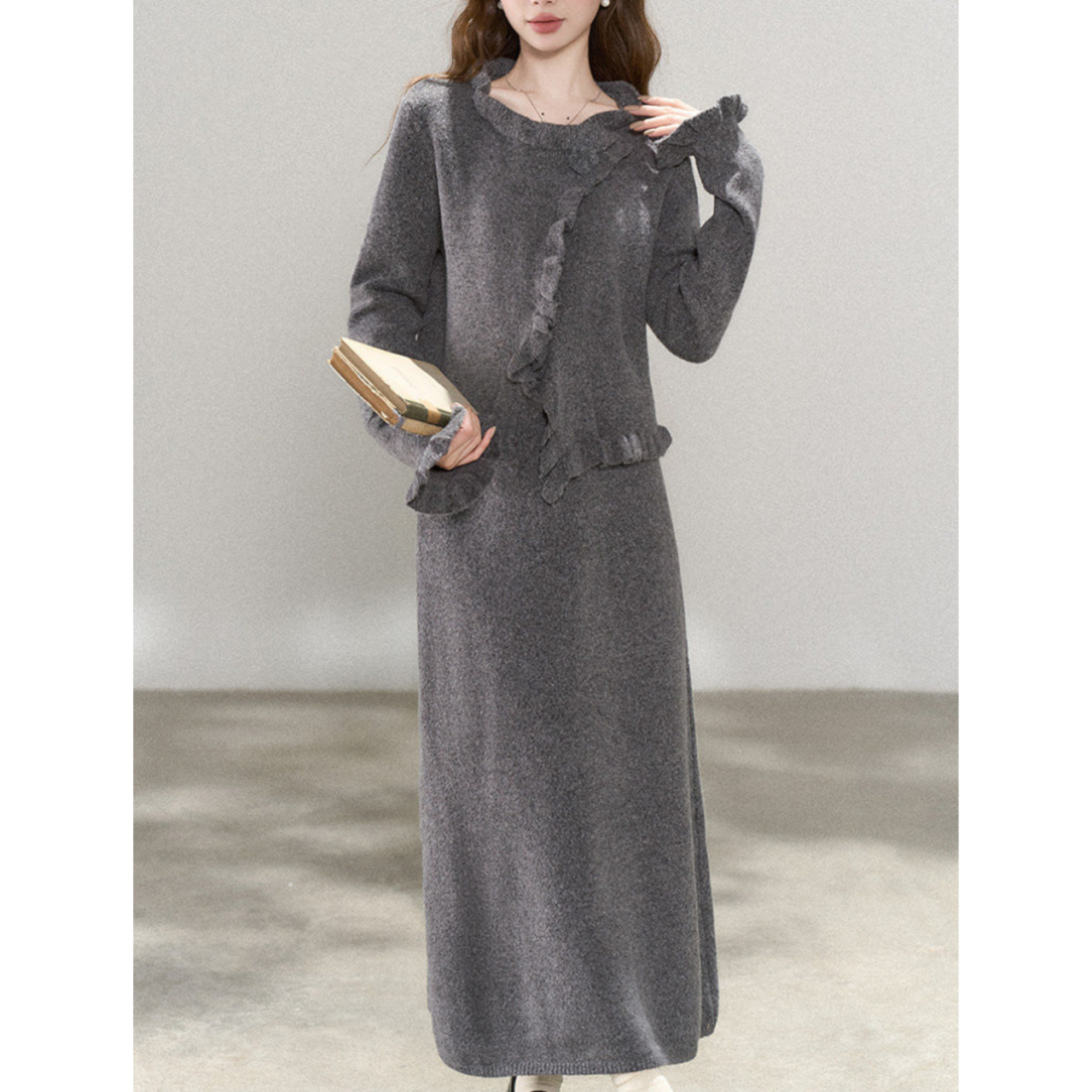 フリルニットカーディガンとスカートのセットアップ 3color W00848