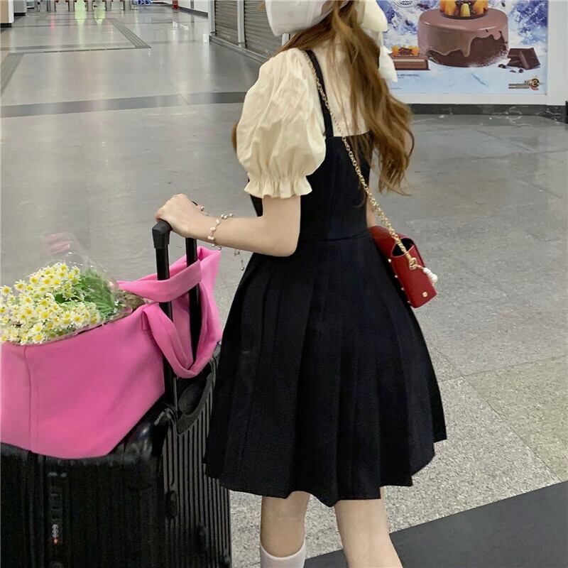 夏のヒロイン級 ミニワンピ ドッキングワンピース フェイクツーピース ワンピ ミニ丈 シャツ サロペット パフスリーブ レトロっぽ ガーリー プリーツスカート Lamitte Deco トレンド 韓国ファッション ショップ Base店