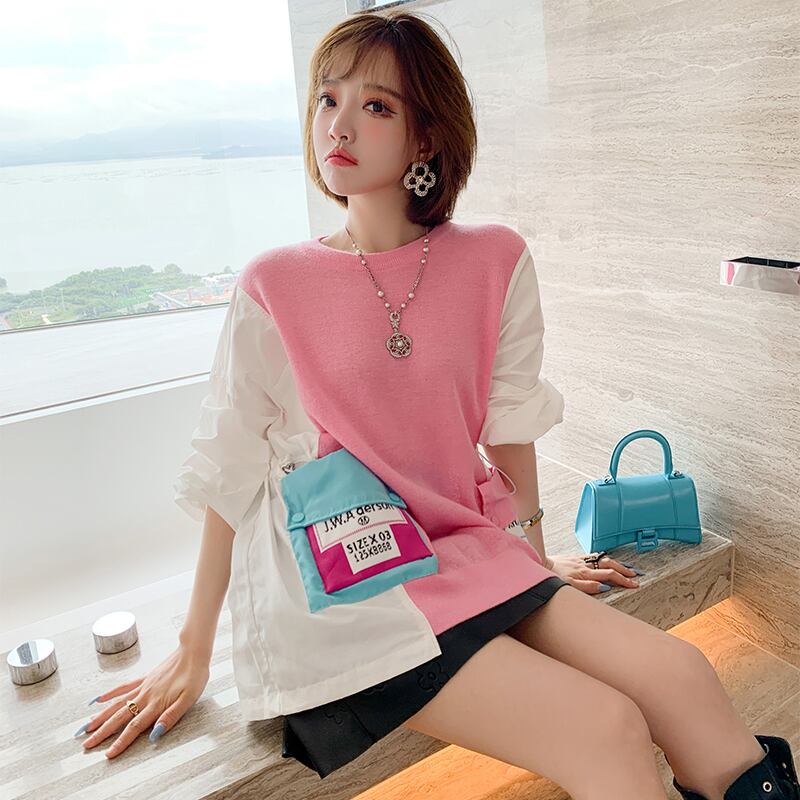 カラーポケットラウンドネックルーズトップス ハイウェストウェストレザースカート オータム 秋物 Oネック ステッチ MIUCO16333905185