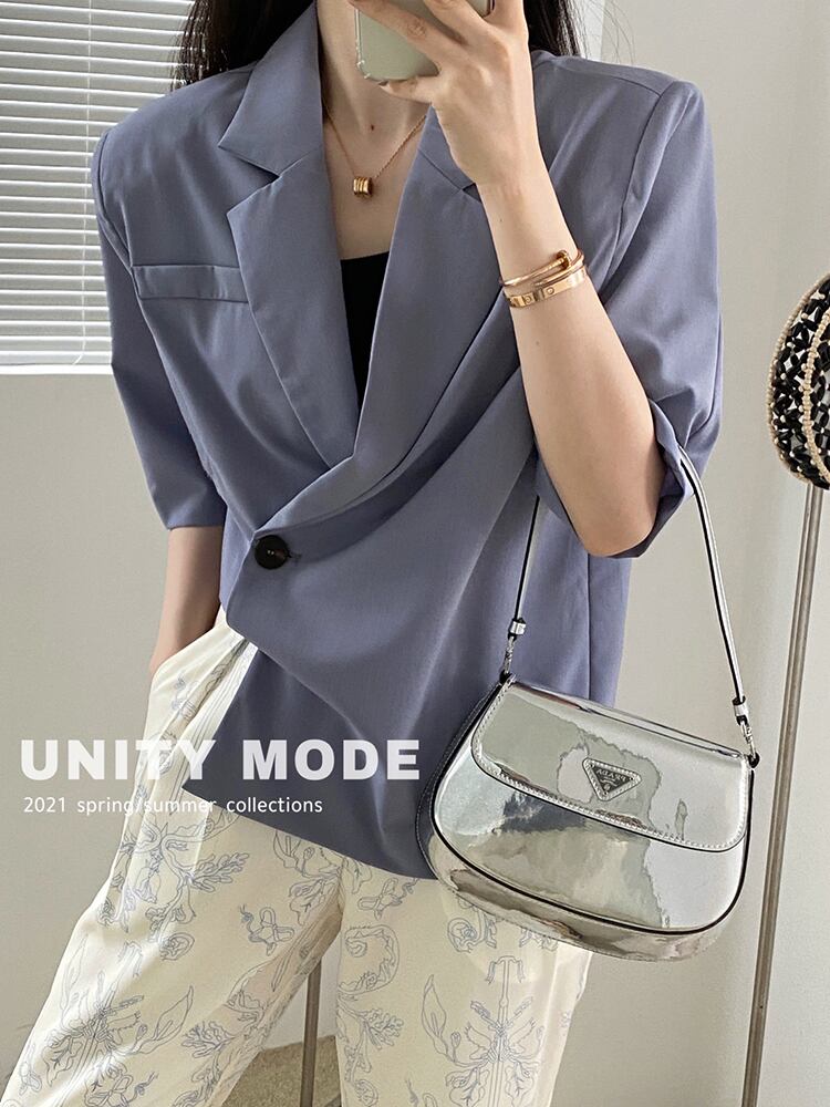 ルーズショートジャケット サマーソリッド カラーボタンポケット半袖スリーブトップス ハーフスリーブ 夏物 ソリッドカラー ビッグFスモールZ韓国41979141198