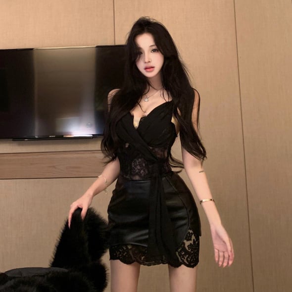 【2点セット】ミニドレス キャバドレス セクシー ギャル系 キャミレーストップス×レザーミニスカート JC2-XKDD335A-3140-Sep21