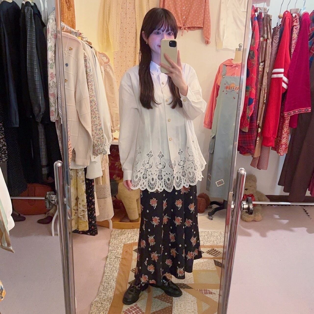 gold button hem lace blouse