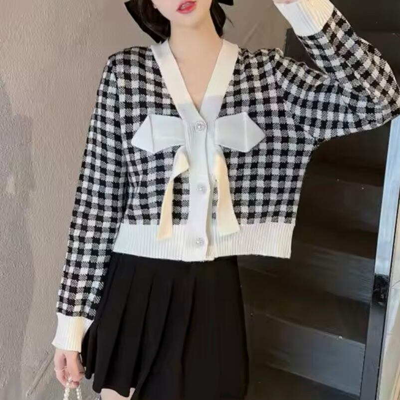 ブロックチェックリボンカーディガン