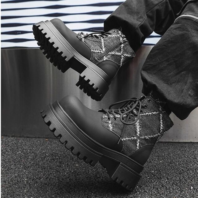 予約販売】ブーツ メンズ ワークブーツ 編み上げ ブラック 黒 異素材