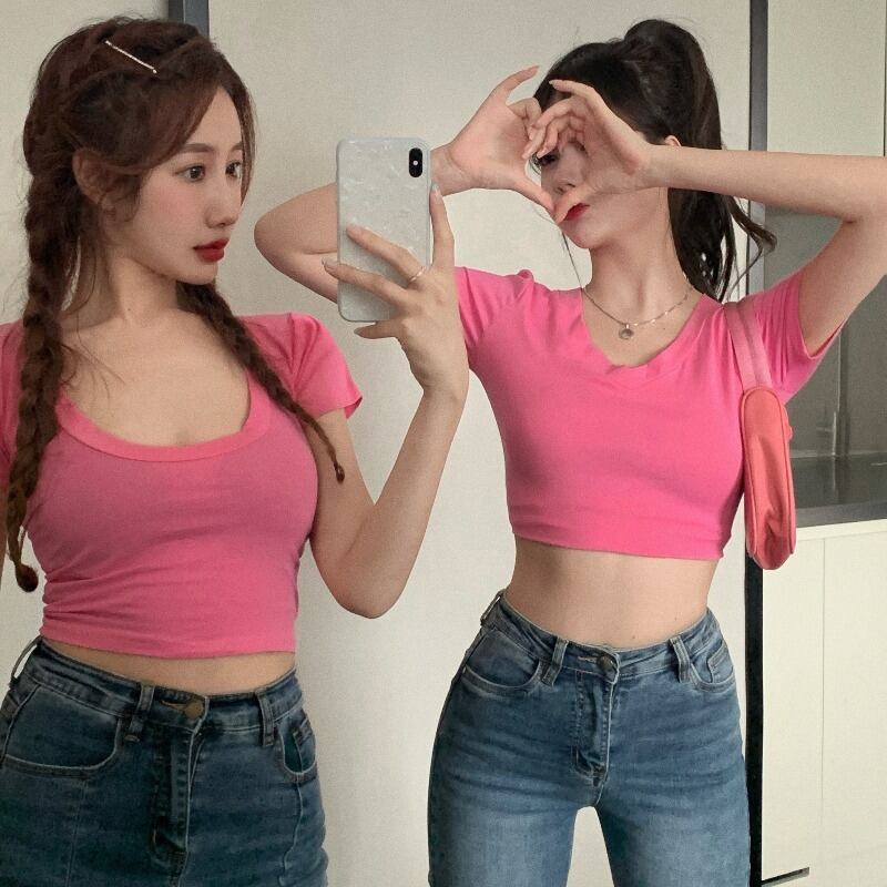 ウェストショートトップス サマーVネックブラックTシャツ 夏物 ブラックストロベリース66807342490