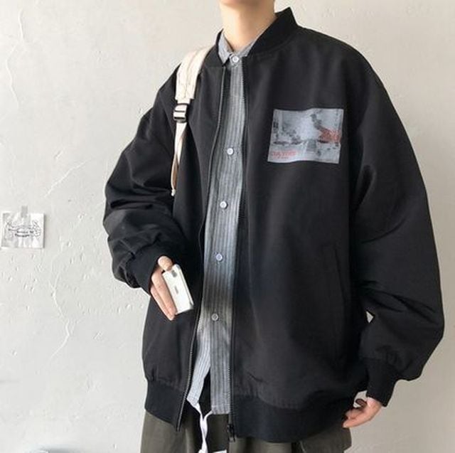 【予約販売】MA-1ジャケット アウター ブルゾン バッグプリント ショート丈 メンズ グレー ブラック 防寒 お洒落 カジュアル ベーシック 秋冬 大きいサイズ M/L/XL/2XL/3XL/4XL/5XL