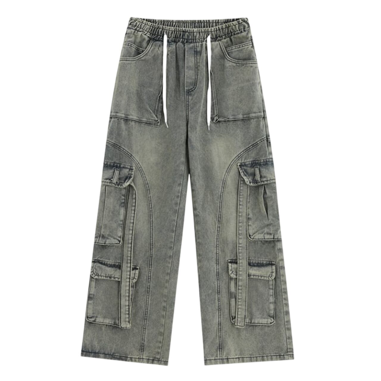 Multi pocket washed denim pants 0001