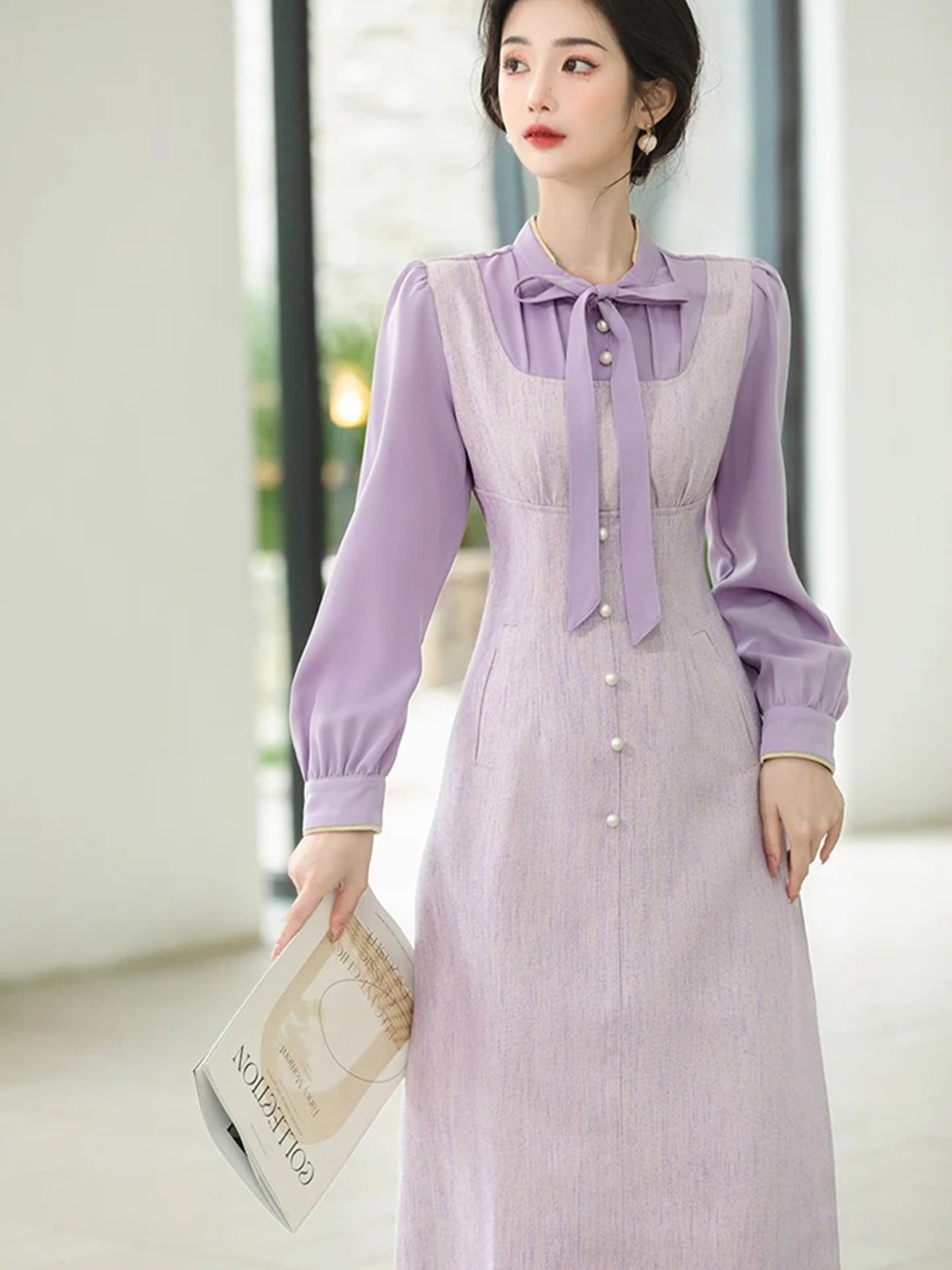 【0133】Lavender Fake layered Long Sleeve Dress