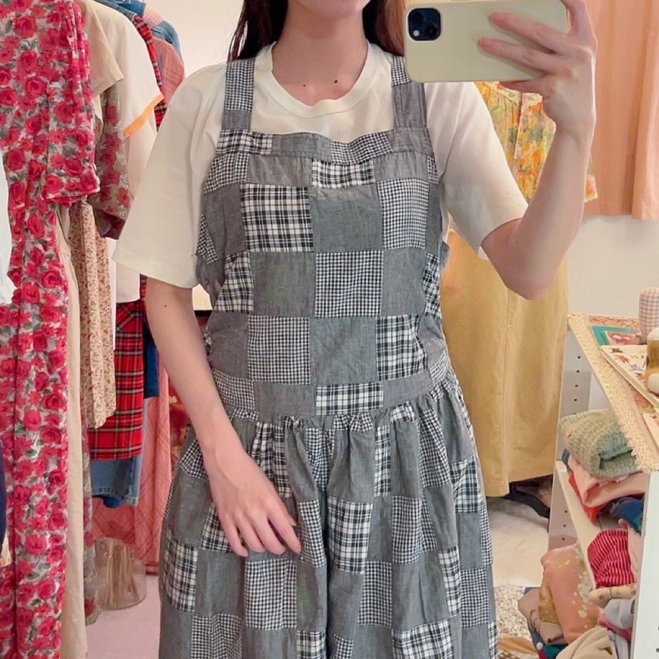patchwork check apron one-piece