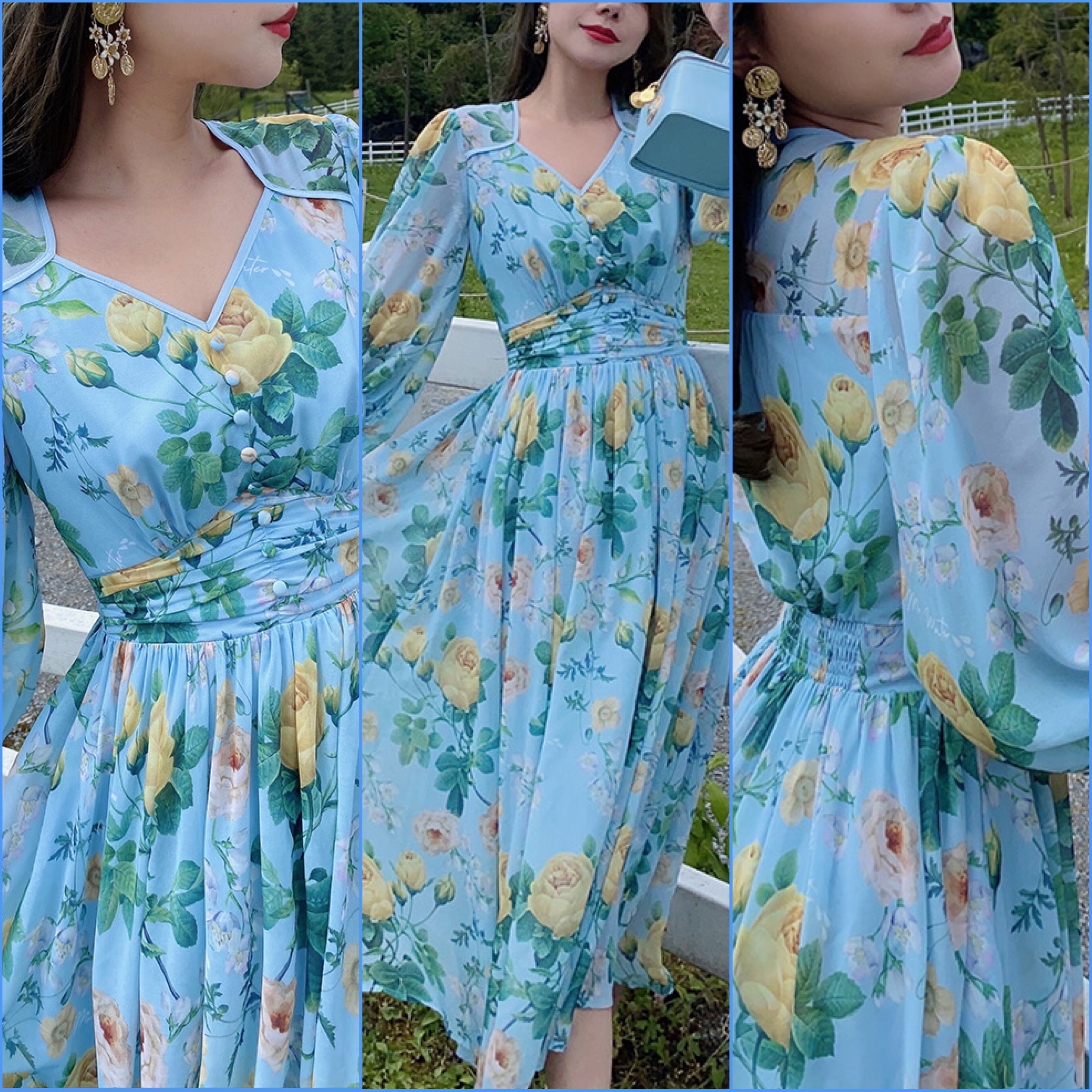 水色 黄色 薔薇 ローズ ワンピース エレガント お嬢様 | LOVEYsmileSHOP