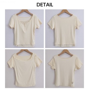 半袖 Tシャツ レディース 夏 韓国風 レイヤード風 レース フリル リブ ヘンリーネック 前ボタン ドッキング トップス ショート丈 細見え 着やせ フレンチガーリー 甘辛カジュアル [LS-CGT126]