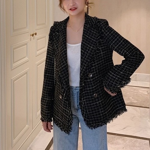 ジャケット　チェック柄　カジュアル　秋冬　フリンジ　ワンカラー　お出かけ　レディース　BACB0118