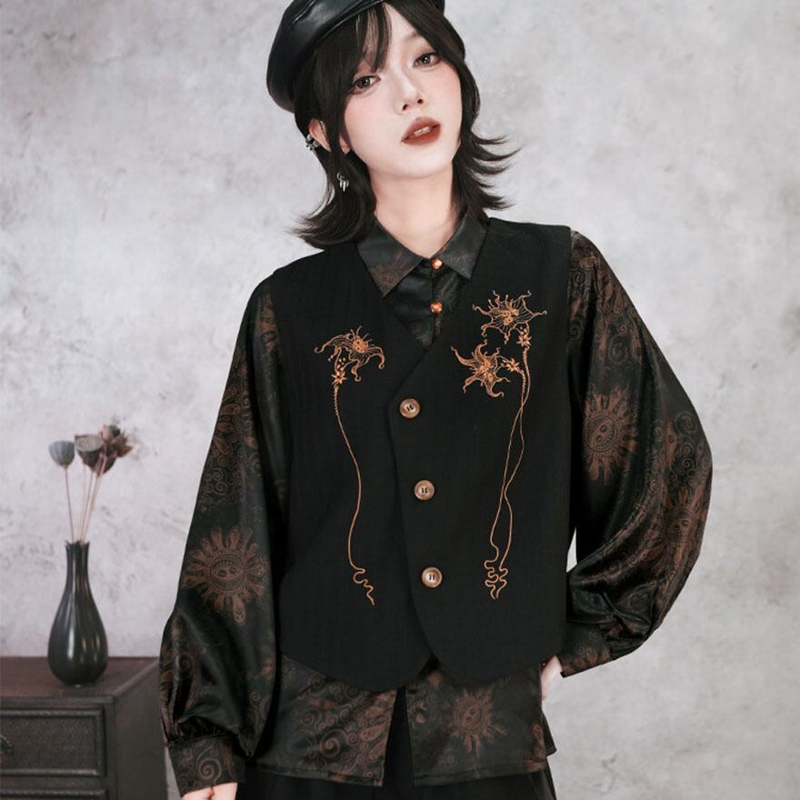 黒花に宿る金の幻影 曼陀羅刺繍アシンメトリー中華ゴシックショートベスト
