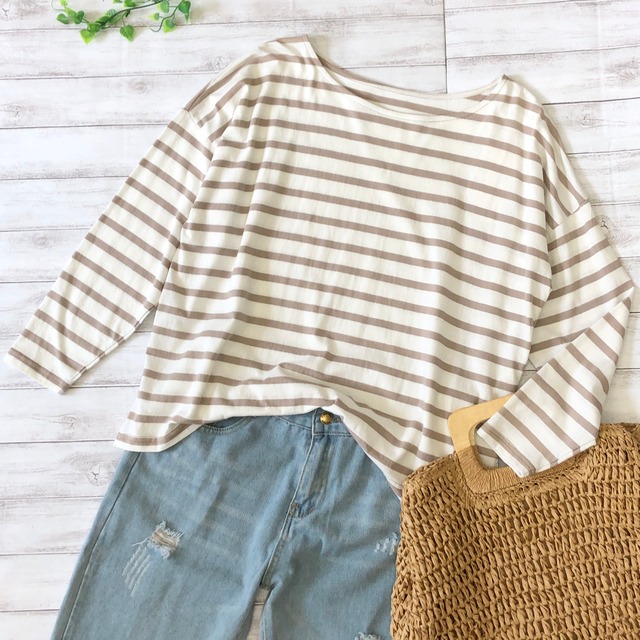 ボーダー Tシャツ 七分袖 長袖 ホワイト ベージュ 春夏秋 レディース 人気 お出かけ お家時間 まったり ホームウェア Oggino