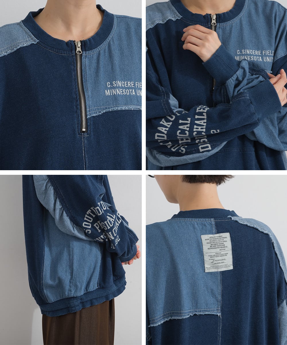 45RPM本店限定一点物インディゴ綿ベストumii908藍染 M〜L J263078 硫化染め・インディゴ染め 綿裏毛×デニム リメイク風ハーフZIP