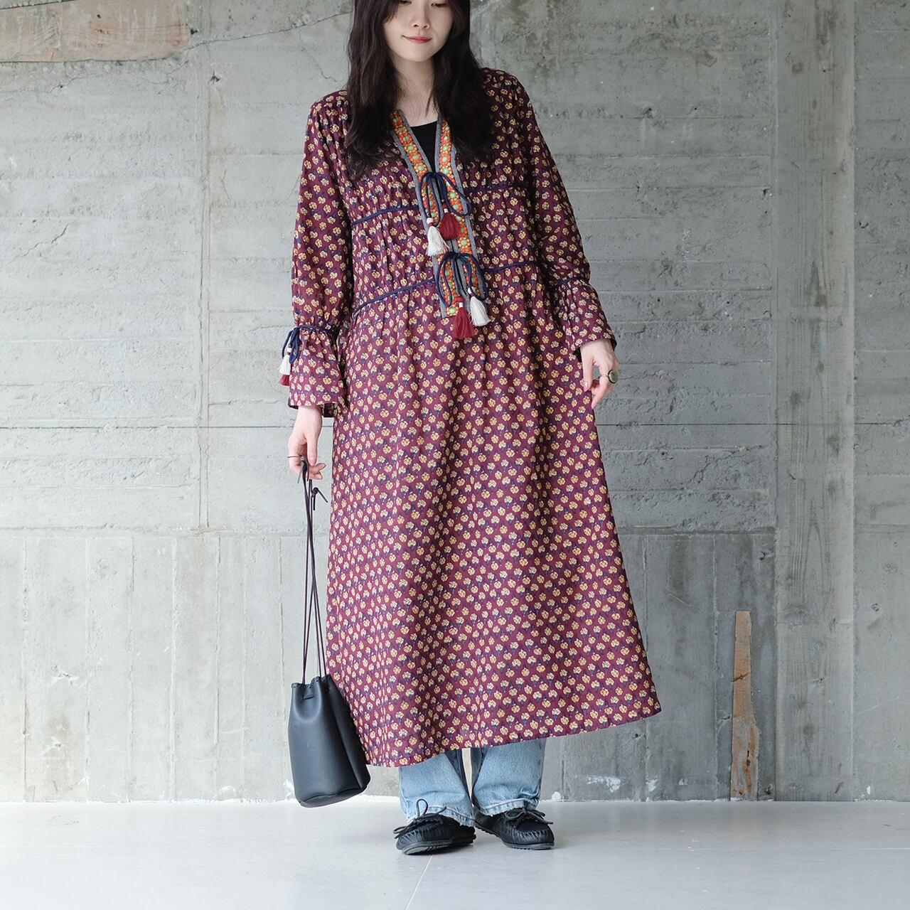 刺繍リボン＆タッセルが個性的！ブロックプリント長袖ワンピース（24w