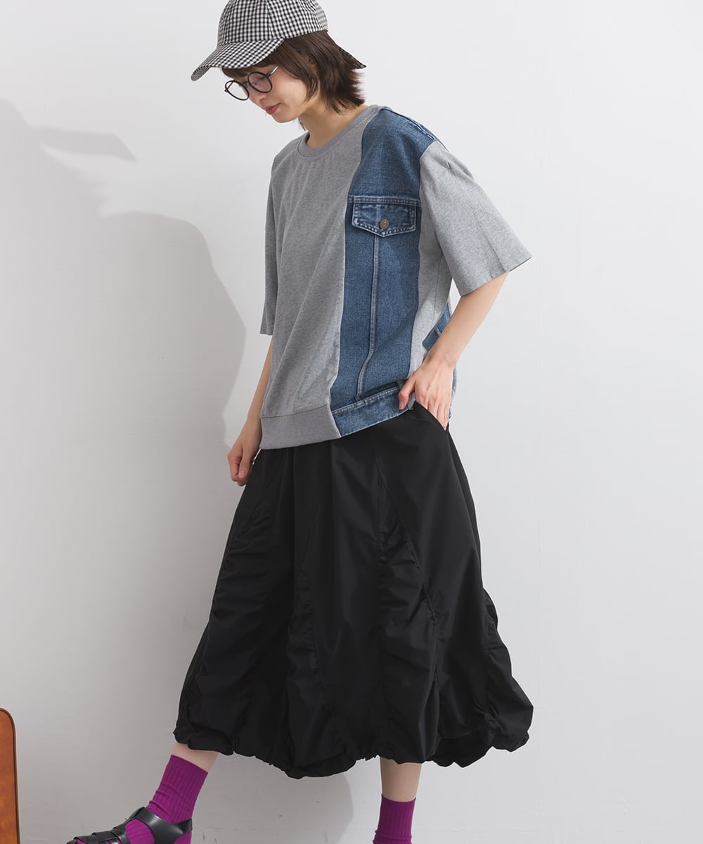 D262104 デニム切替デザインTシャツ / Denim Panel Design T-shirt