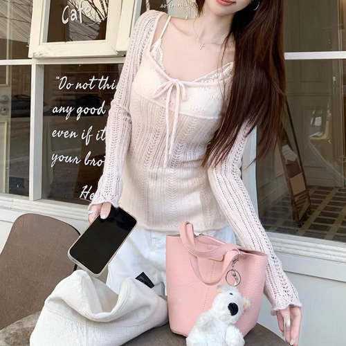 【2点セット】リボンクロシェニットトップス＋シアーレースキャミ ・75829