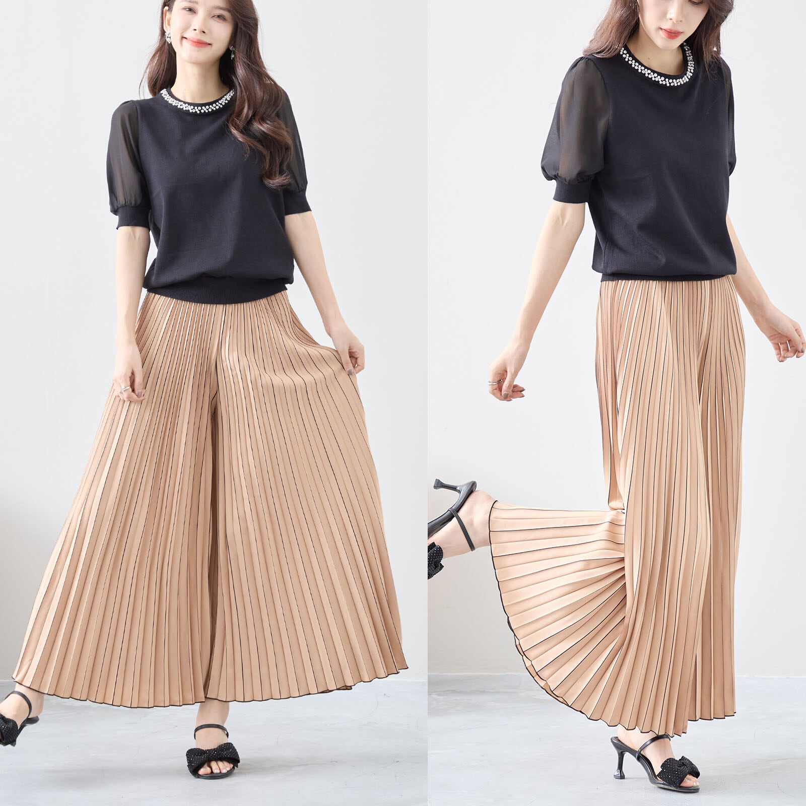 【M~L】ワイドフレアプリーツパンツ(C35-313A)