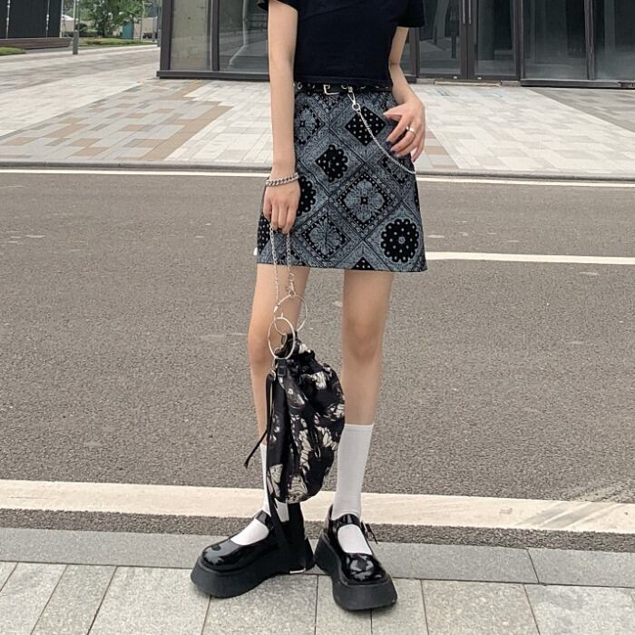 サマースカート スタンダードFlowerデザイン プリント柄Aラインスリム薄手 レトロ 夏物 フラワーデザイン ケッペル49307973574