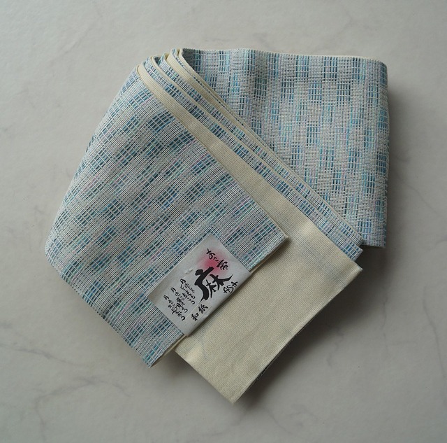 【半幅帯】青パステル系　格子市松柄　麻半幅帯　No.240821㉕