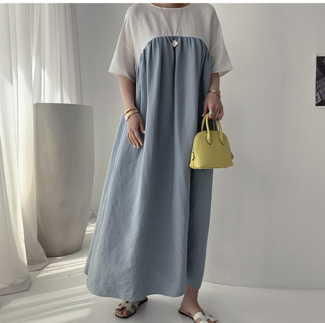 新作 ワンピース ロングワンピ マキシロングワンピ 後ろリボン 異素材ミックス 着痩せ きれいめ