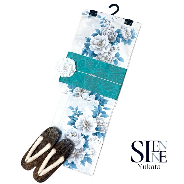 浴衣ジェンヌ 浴衣5点セット 綿 ゆかた 半幅帯 浴衣 白地 青  レディース浴衣 下駄