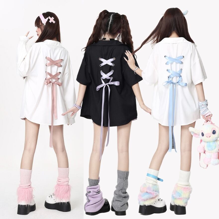 サブカル 服 地雷系 通販 CRAZYGIRL シャツ ロング ショート丈 オーバーサイズ バックリボン リボンカラー4本付属 JKファッション かわいい ガーリー服