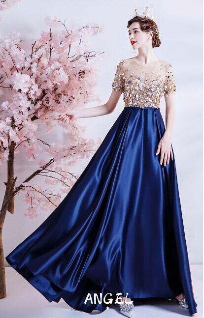 高品質！パーティードレス 青/ブルー ロング エレガント ファスナー 細  